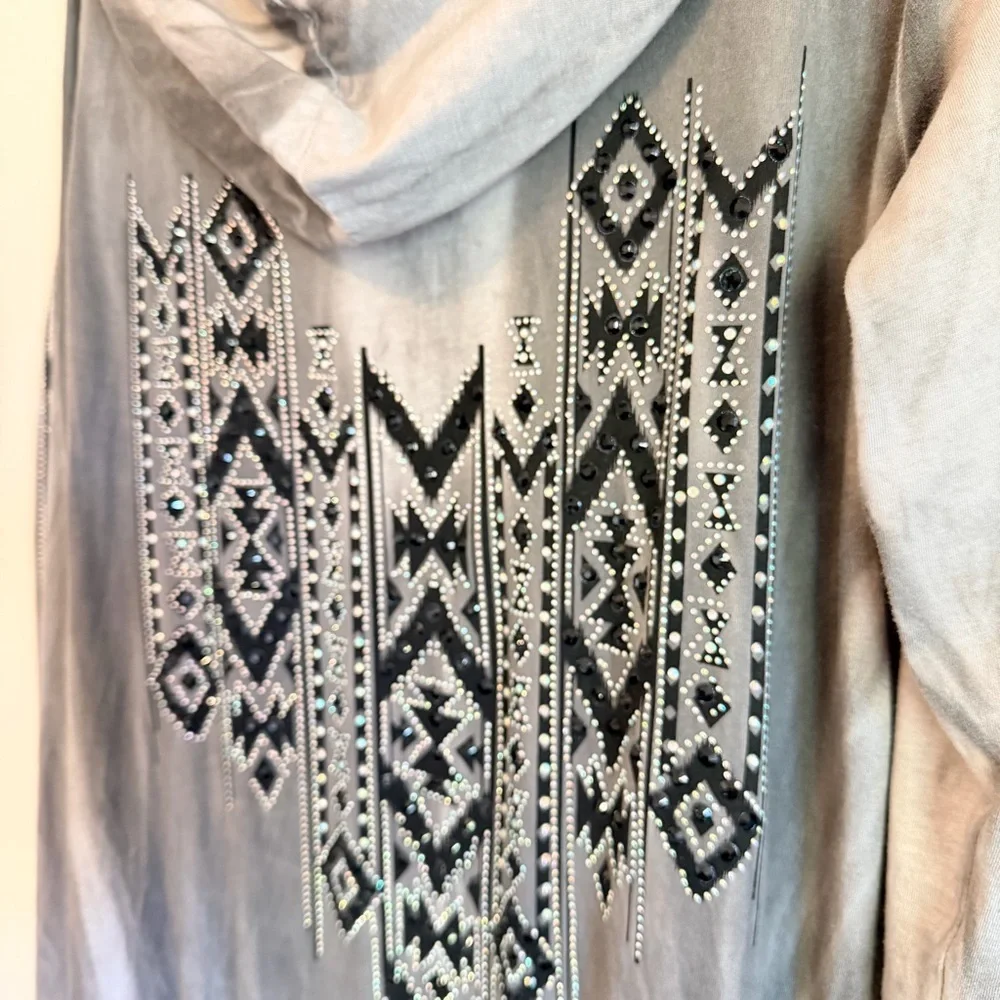 Vocal 100% Cotton embellished open front hooded Cardigan, fringed hem tie dye XL